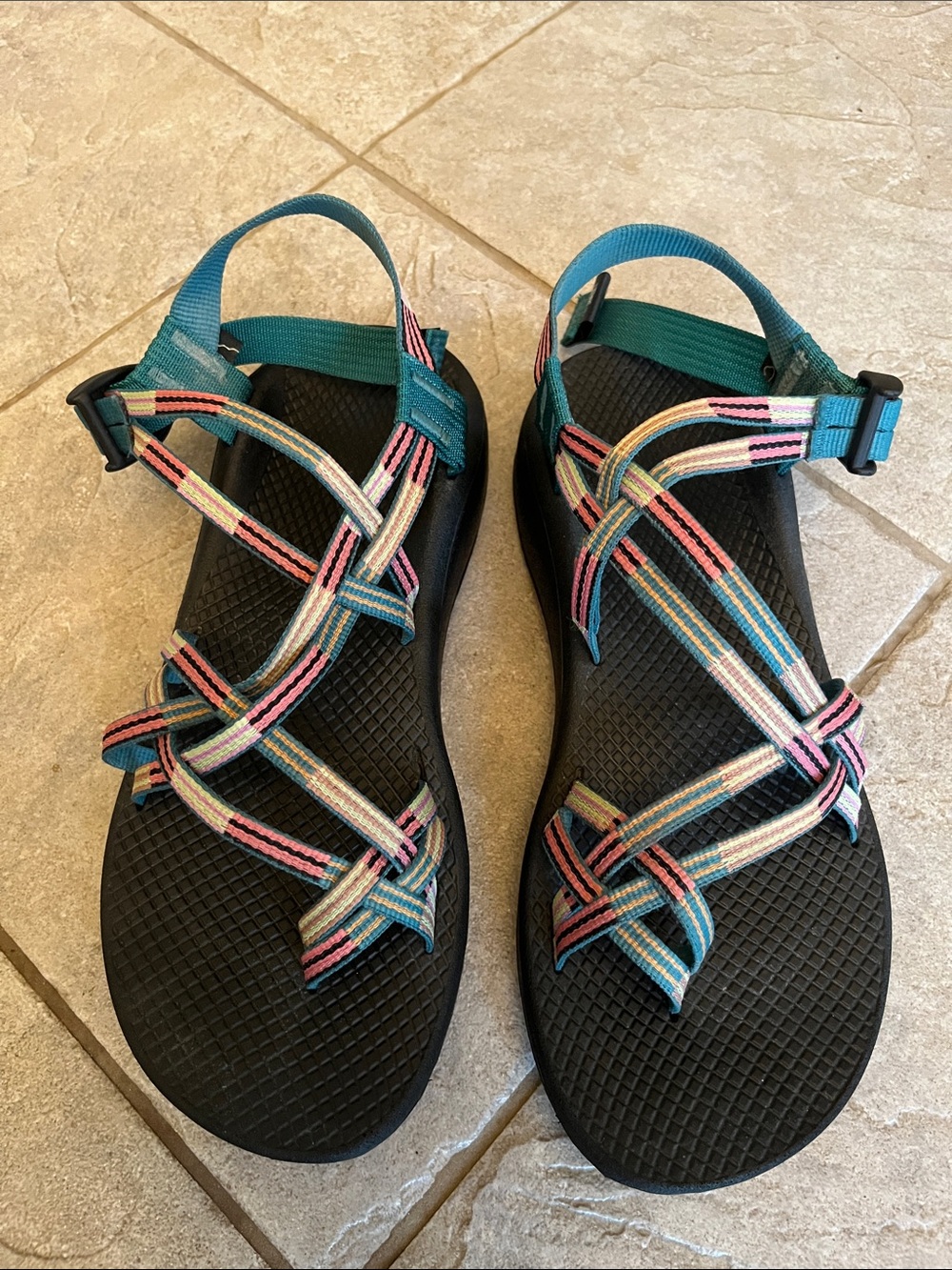 Chaco Women's Strappy Outdoor Sandals - Black with Teal & Multicolor Straps